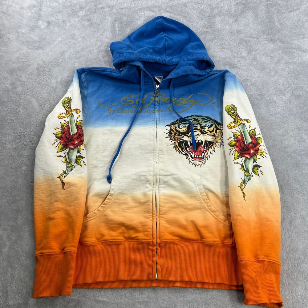 Ed Hardy Sun Graphic Zip Hoodie M Orange White Men Y2K Christian Audigier Street